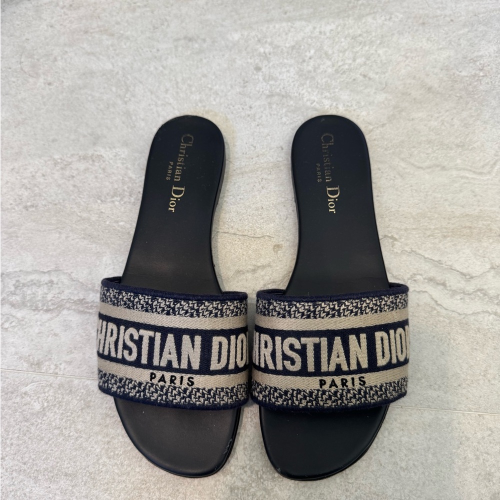 Dior Navy and Ivory Logo Slide Sandals